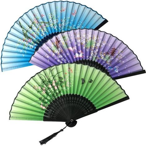 Juego de 3 ventiladores plegables TuseRxln, ventiladores portátiles de viento fresco en seda y bambú para decoración del hogar, baile o regalo. (1/4)