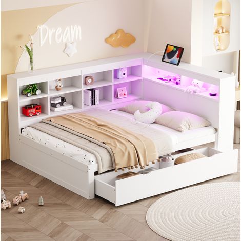 Lit avec rangement en bois blanc 140x200 cm avec USB, LED, étagères et grands tiroirs (1/5)