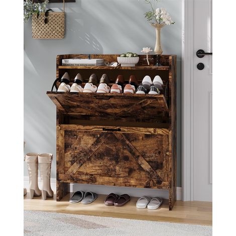Meuble à chaussures étroit avec 2 tiroirs basculants – Immense capacité, rangement caché et compact – Style industriel moderne – Pour entrée, couloir, chambre (1/5)