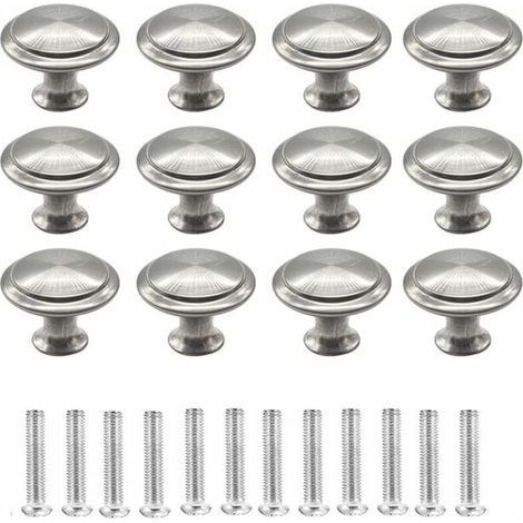12 runde Schranktürknöpfe, pilzförmige Schubladengriffe aus gebürstetem Edelstahl für Küche, Schrank, Kommode (Silber) (1/4)