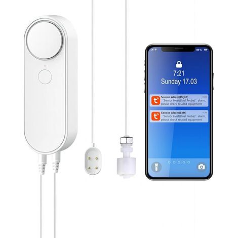 Détecteur de Fuite d'eau et de Niveau d'eau WiFi, 2-en-1 Tuya Smart Alarm Alerte APP Volume Fort avec Ligne de détection de 6,5 Pieds pour Aquarium réservoir de Poissons de Natation (1/5)