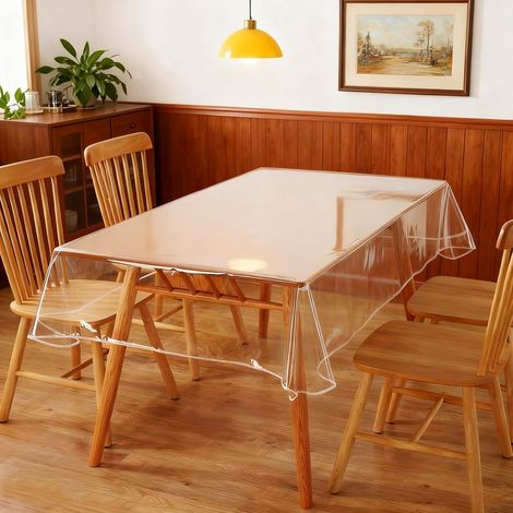 Nappe transparente lavable en PVC : 140 x 180 cm, film de table transparent, 0,13 mm d'épaisseur, sous-main transparent, imperméable à l'huile, livrée avec 8 pinces à nappe (1/5)