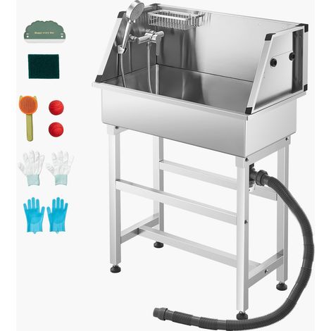 Station de toilettage pour chien en acier inoxydable 86,4 cm, lavabo avec mitigeur eau chaude/froide, douchette, étagère, baignoire sans effort pour petits chiens et chats. (1/5)