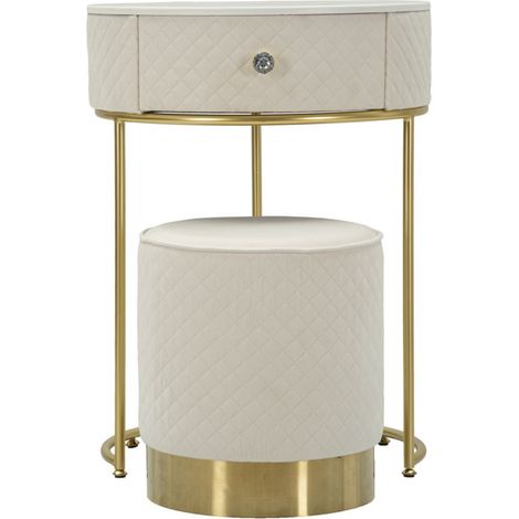 Comodino Toletta con Puff Vellit in Velluto Crema e Base Oro, 2 Pz - Arredo Chic per Camera da Letto