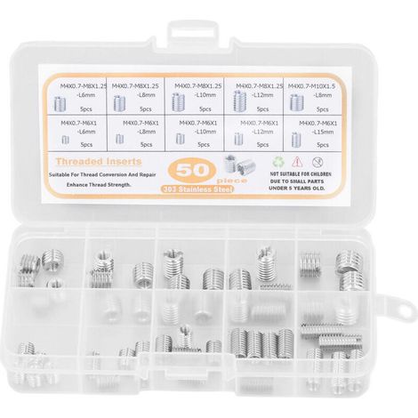 50 Pièces Inserts Filetés en Acier Inoxydable 303, Kit d'Assortiment avec Boîte de Rangement Argenté (1/5)