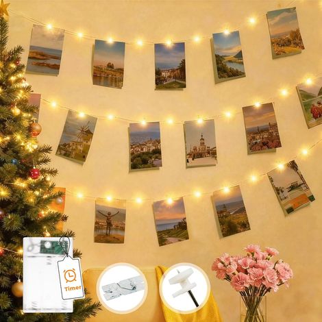 Guirlande LED à Pile Minuterie, 5M 50 LED Guirlande Lumineuse Photo Blanc Chaud Avec 30 Clips & 10 crochets au mur, Lumineuse LED d'intérieur pour Accroche Photo, Noël Décoration, Chambre à Coucher (1/5)