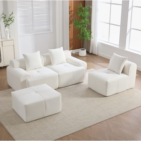 Canapé d'angle modulable 268x174x81 cm beige avec pouf, tissu et mousse à mémoire, MEUBLIV (1/5)
