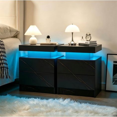 Juego de 2 mesitas de noche con luces LED ajustables, 2 cajones, diseño moderno, tablero aglomerado negro y dorado (1/5)
