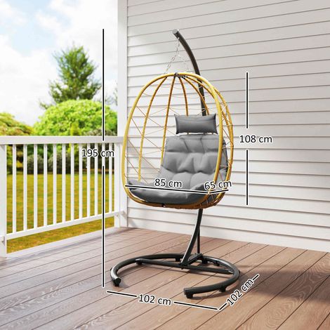 Fauteuil suspendu pliable avec coussin, en acier et rotin PE, 102x102x195cm, disponible en noir, gris et beige. (1/5)