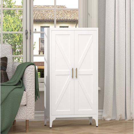 Armario de almacenamiento metálico de 2 puertas (117x37x15.5 cm), con estantes ajustables, cierre magnético, metal, blanco (1/5)