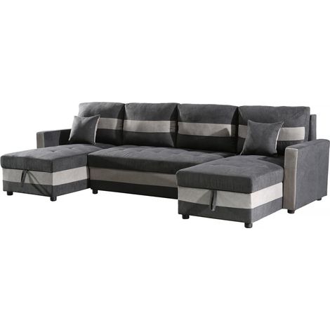 Habitat Et Jardin – Canapé panoramique convertible 5 places – 2 coffres de rangement – Tissu gris foncé/clair – Dimensions 290 x 140 x 87 cm
