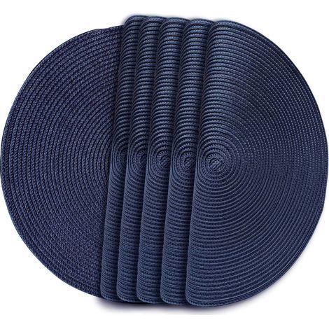 Lot de 6 sets de table ronds tendance en plastique polypropylène tissé, antidérapants, lavables (bleu marine, 6) (1/5)
