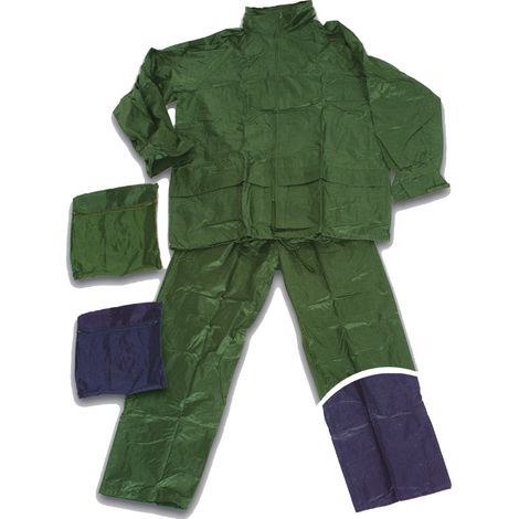 Completo impermeabile Antipioggia Giacca e Pantaloni in Pvc e Nylon Verde taglia XXL STI