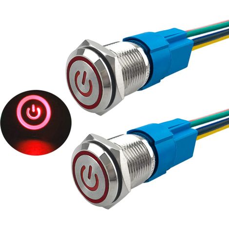 2 Pièces 16 mm Commutateur Bouton-Poussoir Auto-Bloquant, 12V / 24V 5A Interrupteur à Bouton-Poussoir en Acier Inoxydable Étanche IP67, avec Prise Pré-Câblée (LED Rouge) (1/5)
