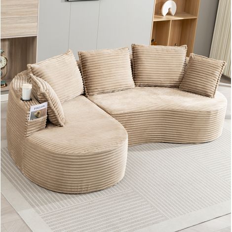 Canapé 250x152x82 cm kaki en velours côtelé avec porte-gobelets, poches latérales et coussin (1/5)