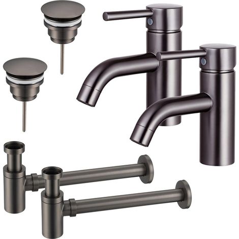 FugaFlow Eccelente Sobrado Kit robinet lavabo - pour double vasque - robinet bas - bonde non-obturable - siphon design bas - Gunmetal PVD (1/4)