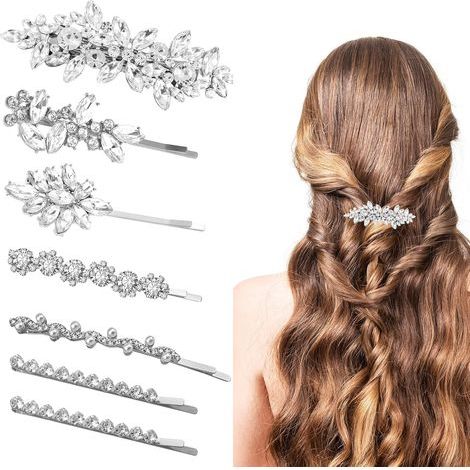 Set di 7 fermagli per capelli a forma di foglia d'argento decorati con strass, accessori per capelli da sposa per donne, fermagli scintillanti per la sposa, decorazioni per capelli in cristallo per (1/5)