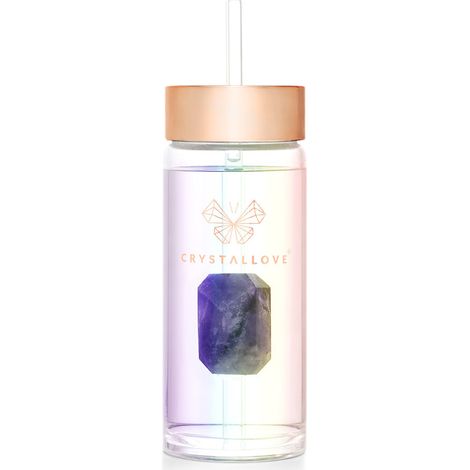 CRYSTALLOVE Glas-Wasserflasche mit Amethyst und Strohhalm, 400 ml, Hologramm