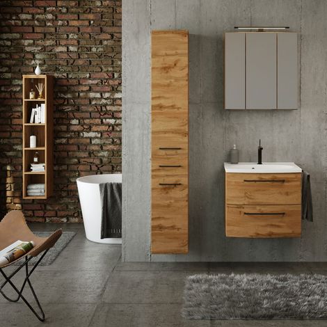 Badezimmer Möbel Set Industrial Style 60 cm Waschtisch und Hochschrank MORISSON-03 in Wotan Eiche Nb. inkl. Waschbecken und Spiegelschrank, B/H/T: ca. 175/200/45 cm (1/5)