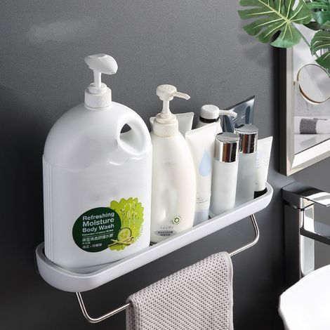Étagère murale aérée, grise avec porte-serviettes, support mural sans perçage pour salle de bain (1/5)
