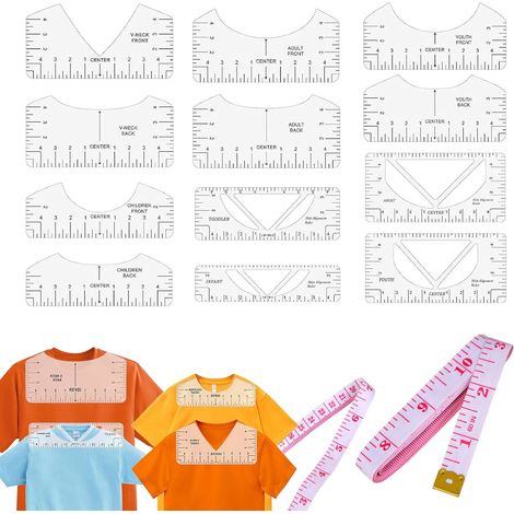 12 Pièces Guide de Règle de T-Shirt,Règle T-Shirt Outil D'Alignement Outils D'Alignement de T-Shirt Regle Couture avec 1 Ruban À Mesurer Souple de 100cm,pour Col Rond Col V,Adultes,Enfants (1/5)