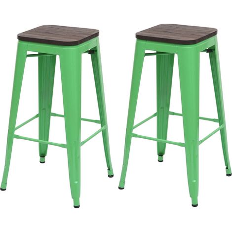 Juego de 2 taburetes de bar sillas de mostrador asiento de madera con reposapiés diseño industrial apilable verde metal 040000487