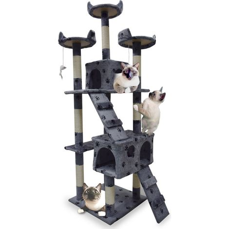XL Katzen Kratzbaum Hellgrau Pfote Katzenbaum Katzenhaus Katzenturm Sisal Plüsch Kratzsäule 170cm 3 Etagen Plüsch Sisal 2 Schlafhöhlen