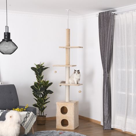 Griffoir de plafond multicouche 220-245cm salle de gym pour chats avec couchages, plateformes et cordes en jute, jaune (1/5)