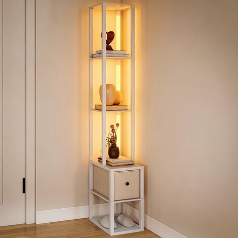 Lampada da terra moderna con ripiani a giorno, cassetto in tessuto e interruttore a pedale per camera da letto e soggiorno, bianca.