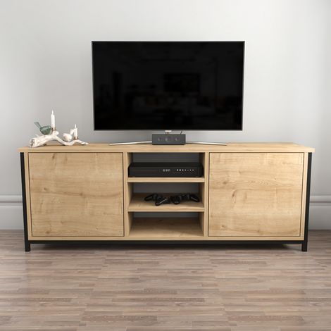 Otis Meuble TV 140 cm Placards et Étagères Ouvertes (Noir et Chêne) (1/5)