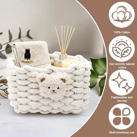 Panier de Rangement en Corde Coton, Paniers À Langer Petit, Tricoté Tressé Motif Ours, Carré Pour Chambre D'enfant, Salon (1/3)
