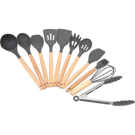 Set de 12 ustensiles de cuisine en silicone, manches en bois ergonomiques, accessoires de cuisson gris foncé (1/5)