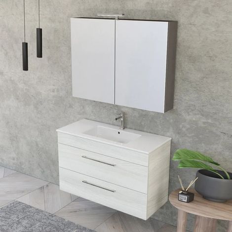 Mobile bagno sospeso 100 cm Smart bianco legno con specchio contenitore (1/5)
