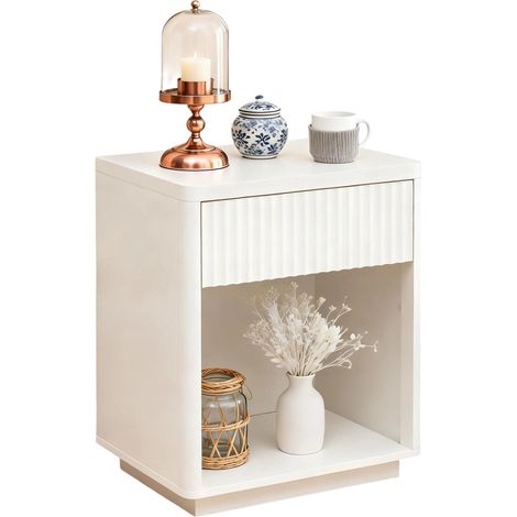 Table de chevet avec tiroir et niche ouverte, design rainuré moderne, MDF blanc, meuble de nuit compact pour chambre, salon ou bureau, facile à monter – CHICFURN (1/5)