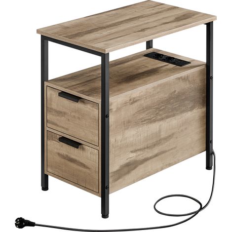 Vasagle – Table de chevet avec multiprise – 2 tiroirs – Acier et panneau d’aggloméré – Marron camel et noir d'encre – Dimensions 60 x 35 x 61 cm (1/5)