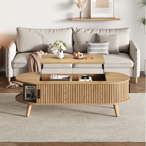 Mesa de centro elevable (120x50x39.5 cm), con almacenamiento oculto, puertas laterales enrollables, MDF, color madera natural (1/5)