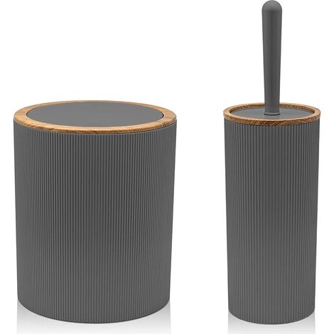 Set 2 pezzi Porta scopino e Pattumiera 5lt Grigio dettagli effetto legno Blob (1/5)