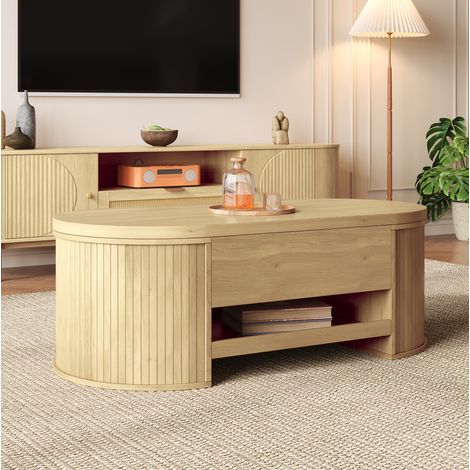 Tavolino da salotto in MDF naturale 110x55,5x40 cm, piano alzabile con vano contenitore e ripiano estraibile (1/5)