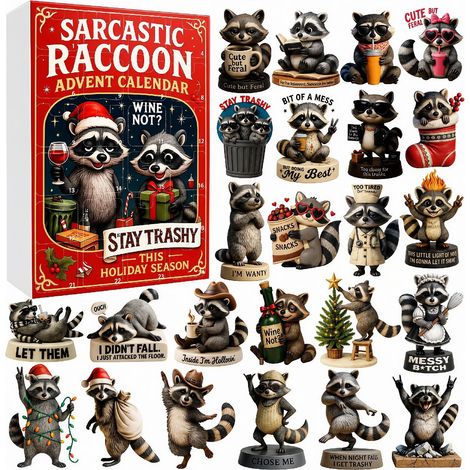 Calendrier de l'Avent Raton Laveur Sarcastique 2026 - 24 décorations de sapin de Noël uniques en acrylique 2D représentant des ratons laveur (1/5)