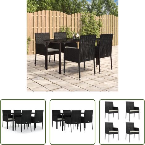 Gartenessgruppe - 5-tlg. Garten-Essgruppe mit Kissen Schwarz Poly Rattan (1/5)