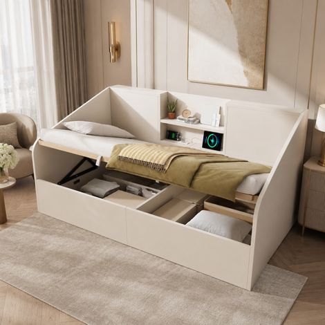 Letto contenitore singolo 90x190 cm, con sollevamento idraulico, USB e Type-C, rete a doghe, bianco, senza materasso (1/5)