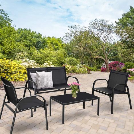 COSTWAY 4 TLG. Terrassenmoebel, Lounge Set Textilene, Gartenmoebel Garten Lounge Set Sitzgruppe Sitzgarnitur, Balkon Terrasse Set, Gartengarnitur, inkl. 2 Einzelstuehlen, 1 Bank und 1 Couchtisch schwa (1/5)