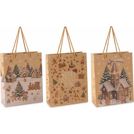 Sacchetti / buste medie in carta kraft con stampa biscottini pan di zenzero con manici, set da 48 pezzi, cm 19 x 8 x 24 H