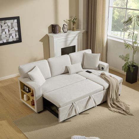 Canapé-lit d'angle, Canapé d'angle, Canapé-lit en L extensible, coffre de lit et étagère intégrée, beige (1/5)