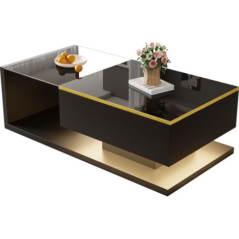 Table basse noire brillante 100 cm avec plateau en verre et effet LED (1/5)