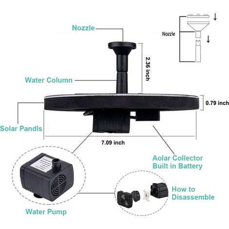 Pompe de fontaine solaire pour bain d'oiseau, 2.5W pompe de fontaine solaire avec batterie de secours de 800 mAh, pompe de fontaine solaire autonome pour bain d'oiseau, jardin, étang ou piscine en ext