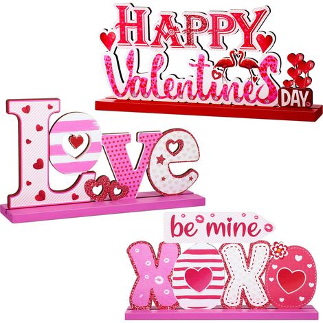 Ensemble de 3 décorations de bureau en bois pour la Saint-Valentin, convenant à la maison, à la salle à manger et au bureau (rose). (1/5)