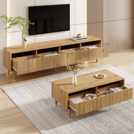 Meuble tv 4 portes avec table basse 2 tiroirs, design bois et doré, façade ondulée, éclairage led intégré (1/5)