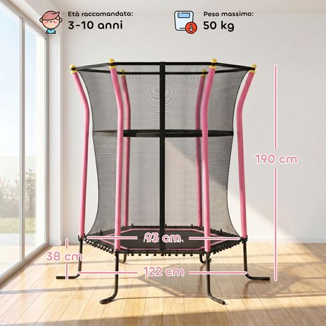 Trampoline pour enfants avec fermeture éclair et barres rembourrées, en acier, PP et EPE, 122x111x190 cm, rose. (1/5)