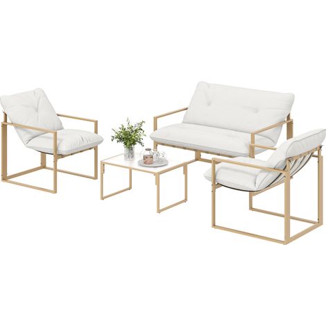 4-teiliges Gartenmöbelset mit 15 cm dicken Kissen: 2-Sitzer-Sofa, Couchtisch und 2 Sessel in Khaki